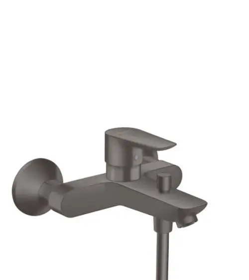 Ein embeddeter Wannenmischer in Brushed Black Chrome von Hansgrohe, mit einem Hebel zur Temperaturregelung und einem Anschluss für den Wasserstrahl.